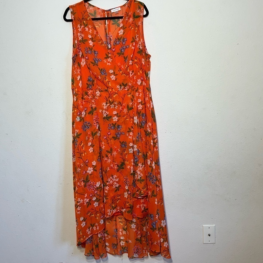 Calvin Klein Womens Floral Orange Sheer V Neck Waterfall Maxi Dress Size 16 W